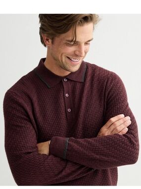 Wool blend long sleeve textured sweater polo